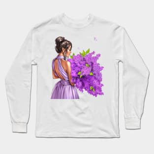 Brunette Lilac Flowers Long Sleeve T-Shirt